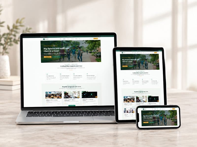 Mentora Academy website shown on laptop, tablet and phone